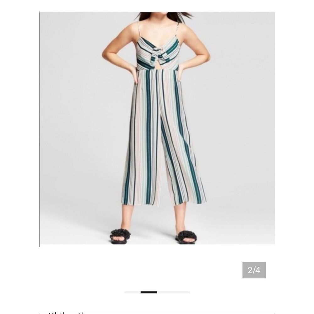 Xhilaration Striped Cropped Wide-Leg Jumpsuit - Teal, Pink, Cream